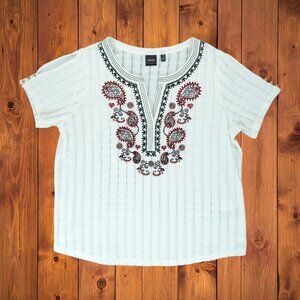 Rafaella Paisley Embroidered‎ Large Short Sleeve Blouse White Striped Top V-neck